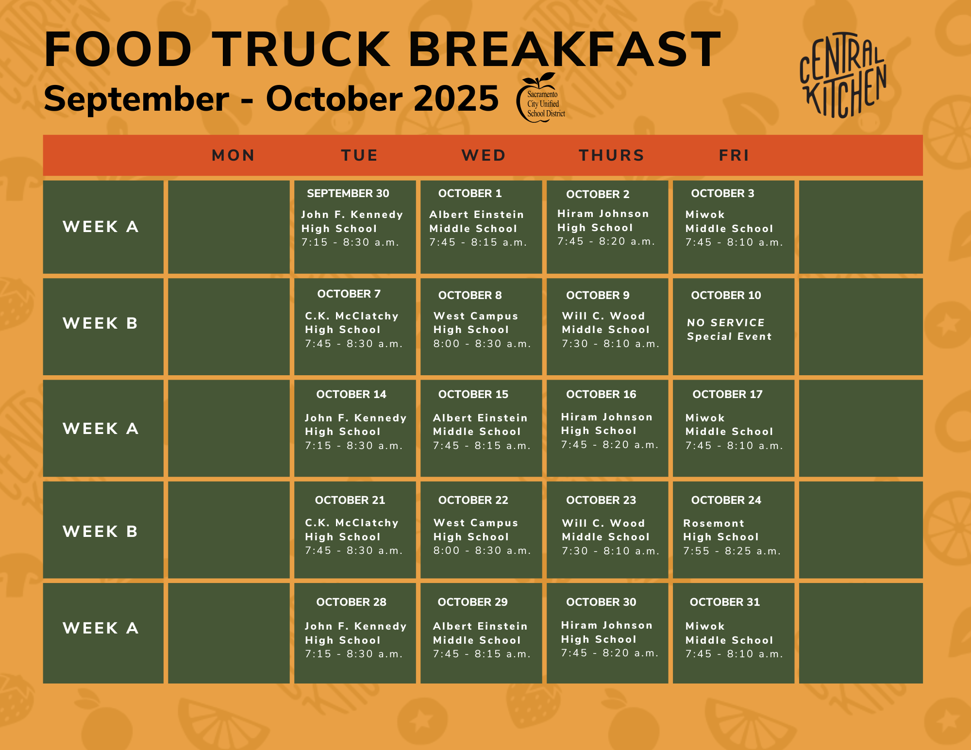 September - October 2025 calendar Tuesday - Thursday food service times from the Central Kitchen Food Truck