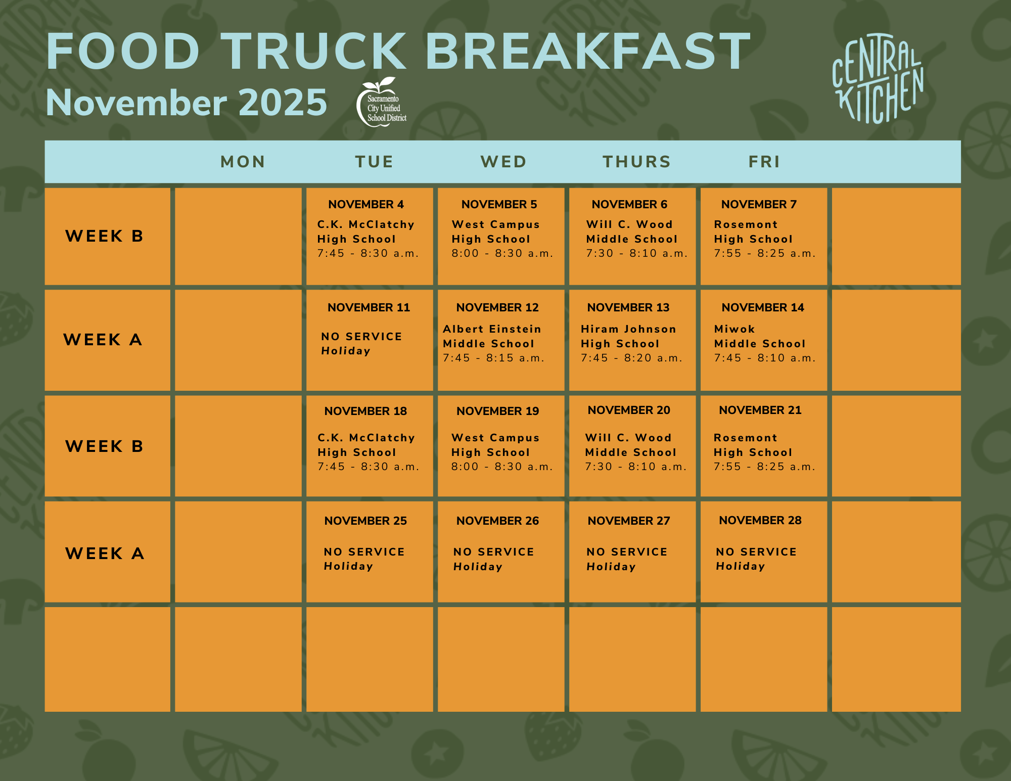 November 2025 calendar Tuesday - Thursday food service times from the Central Kitchen Food Truck