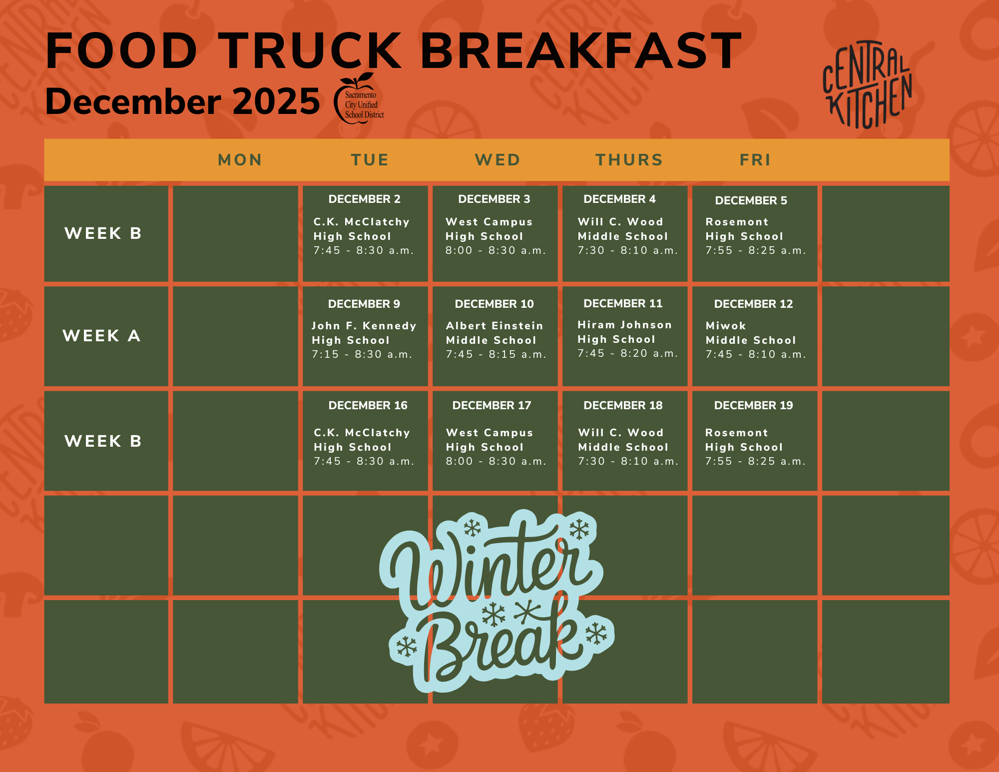 December 2025 calendar Tuesday - Thursday food service times from the Central Kitchen Food Truck